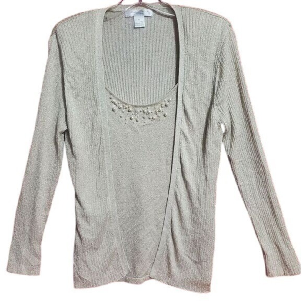 August‎ Silk Elegant Beige Ribbed Cardigan Set with Pearl Embellished Top XL